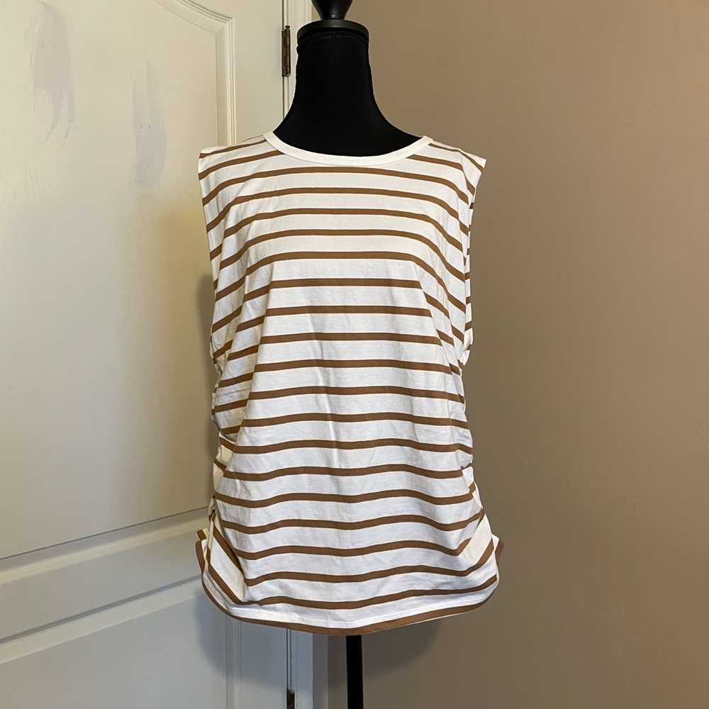 LOFT White and Tan Striped Sleeveless Top
